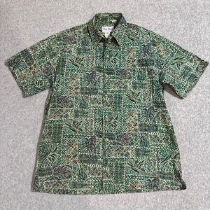VTG Hawaiian Shirt Kai Nani Mens L Green Tapa Tropical Print Vacation Cruise EUC